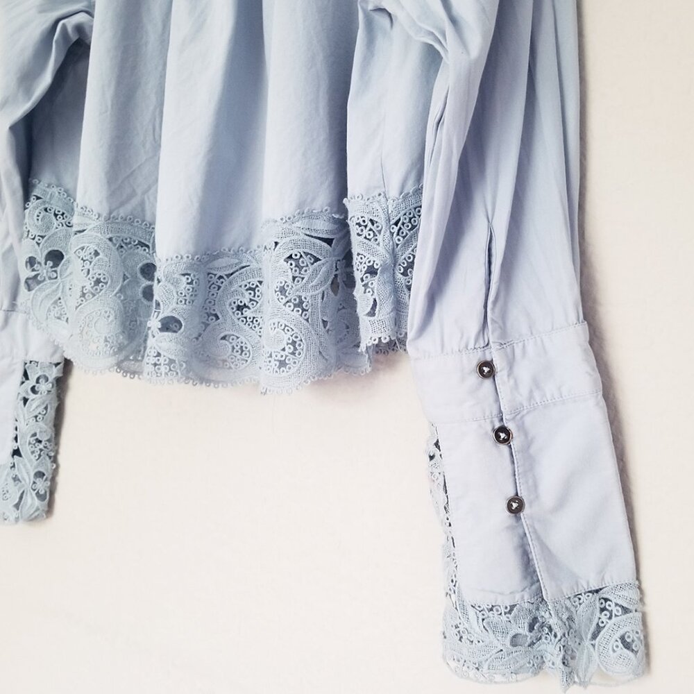 Free People Crochet Lace Trim Hooked On You Top Button Front Shirt Blue M $128 - Picture 11 of 16